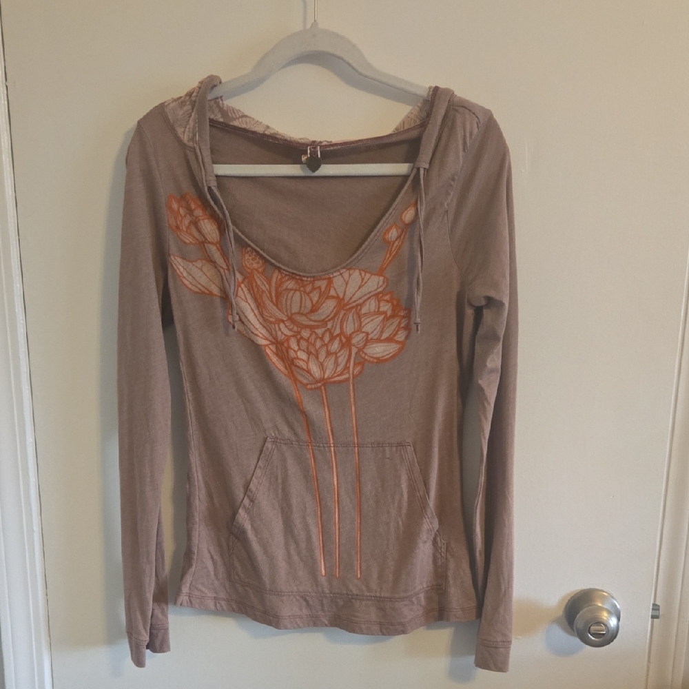 Free People Mauve Scoop-Neck Hoodie with Orange Floral Graphic